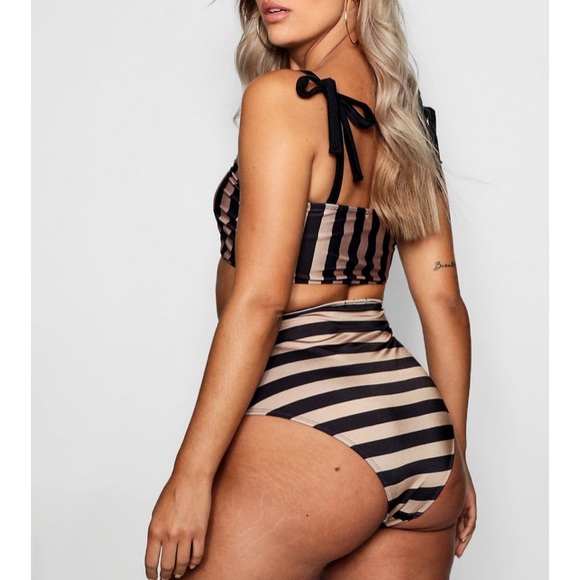 Boohoo Tonal Stripe Bow High Waist Bikini Set - Picture 2 of 5